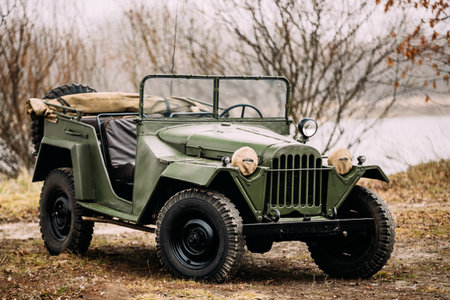 Russian Soviet World War II Four-wheel Drive Army Truck Gaz-67 Car In Forestの写真素材