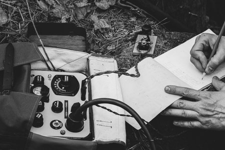 Russian Soviet Infantry Red Army Soldier In World War II using Russian Soviet Portable Radio Transceiver In Trench Entrenchment In Spring Autumn Forest. 4K. Headphones And Telegraph Key. Close Up Handsの写真素材