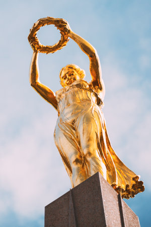 Luxembourg. Monument of Remembrance (Gelle Fra or Golden Lady) is a war memorial in Luxembourg City. Dedicated to Luxembourgers who volunteered for service in armed forces of the Allied Powers during World War Iの写真素材