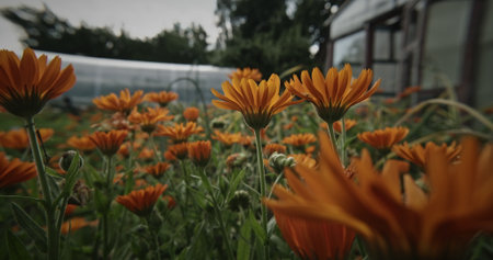 Field of Orange Blooms Under Dramatic Skyの写真素材
