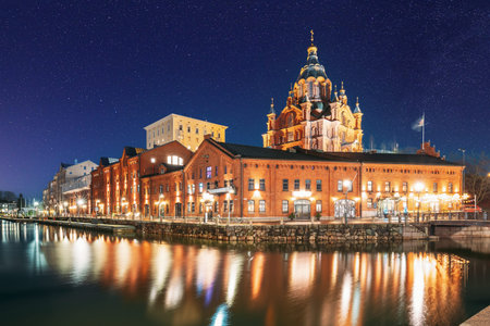 Helsinki, Finland. View Of Kanavaranta Street With Uspenski Cathedral In Evening Night...