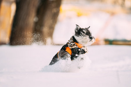 Miniature Schnauzer Dog Or Zwergschnauzer Sitting In Outfit Playing Fast Running In Snow At Winter Dayの写真素材