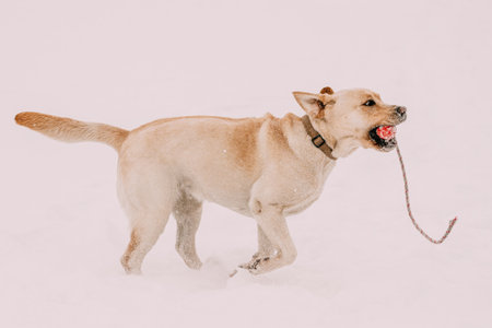 Labrador Dog Playing Running Outdoor In Snow, Winter Season. Playful Pet Outdoorsの写真素材