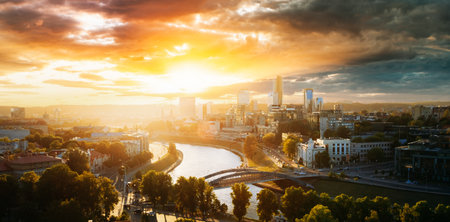 Sunset Sunrise Cityscape Of Vilnius, Lithuania In Summer.の写真素材