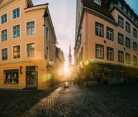 Tallinn, Estonia. Famous Old Traditional Town Hall In Sunny Evening. Sun Shining Through Old Town Narrow Streets. Famous Landmark And Popular Place. Destination Scenic. UNESCO World Heritage Site. Popular And Famous Placeのeditorial素材
