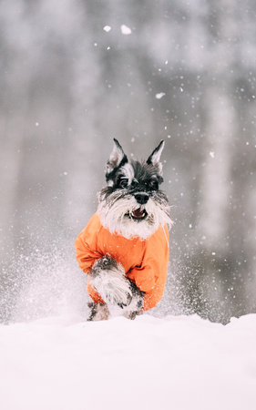 Miniature Schnauzer Dog Or Zwergschnauzer Playing Fast Running In Snow At Winter Dayの写真素材