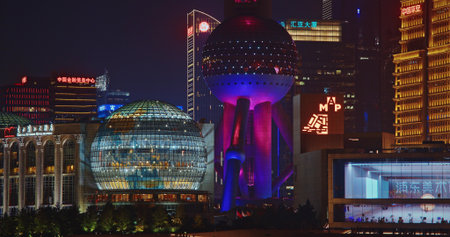 Illuminated Shanghai Skyline Featuring Iconic Landmarks at Night