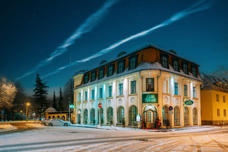 Parnu, Estonia. Hotel Victoria And Grand cafe In Evening Night Christmas Xmas New Year Illuminations.のeditorial素材