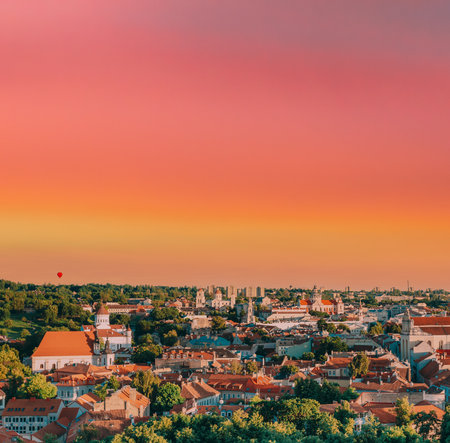 Vilnius, Lithuania. Summer Sunset Sunrise Over Cityscape Of Vilnius, Lithuania. Beautiful View Of Old Town at Eveningの写真素材