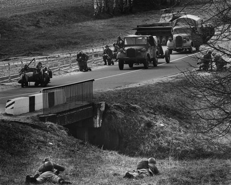 German Infantry Soldiers Fighting With Russian Soldiers For Bridge. Black And White. Mortar...