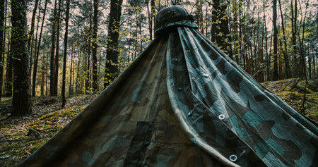 WWII German military camp with Zeltbahn tent and ammo crates in forest