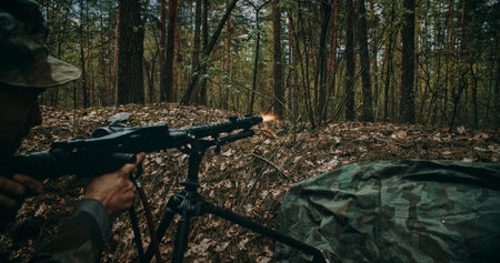 Wehrmacht machine gunner firing MG34 in forest trench during WWII battle