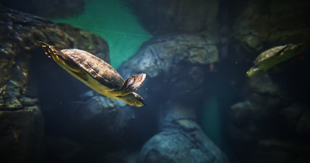 Shanghai, China. Pig-nosed Turtle Swim In Aquarium, Close-up Side View. Fly River Turtle Pitted-shelled Turtle, And Warrajan. Native To Northern Australia And Southern New Guinea. Pig-nosed Turtles Have Become Available Through Exotic Pet Tradeの写真素材