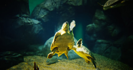 Shanghai, China. Pig-nosed Turtle Swim Along Bottom Of Aquarium. Fly River Pitted-shelled Turtle....