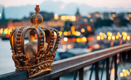Golden Crown on Skeppsholmsbron Bridge at Twilight