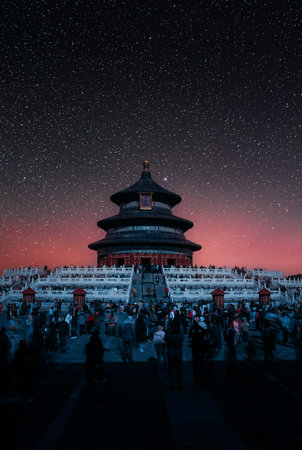 Temple of Heaven under a starry night sky in Beijing, China.