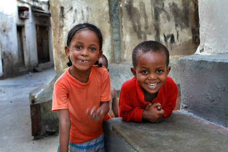 Zanzibar, Tanzania - February 20, 2008:  East Africa, unknown dark skinned children, about 5 years old, playing outdoor, in Stone Town, Zanzibar.のeditorial素材