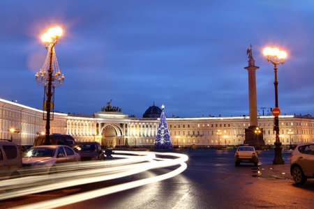 St. Petersburg, Russia - December 16, 2014: Palace Square with Christmas decorations and night lighting,  Landmarks Saint Petersburg, historical and architectural monuments, tourist sites.のeditorial素材