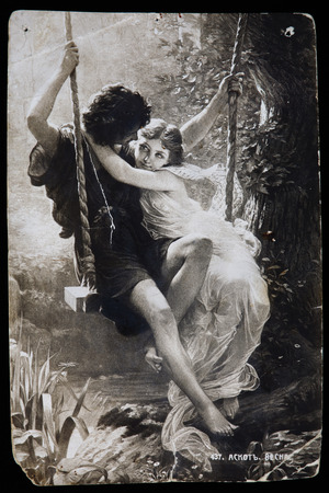 Russia-circa 1910-1916: Vintage postcard, Reproduction of antique postcard shows Springtime, French Artist Pierre Auguste Cot.の写真素材