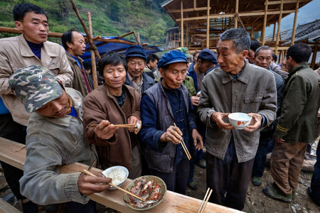 Langde Village, Guizhou, China - April 16, 2010: Sharing food on a rural celebration, local people, farmers peasants celebrate the start of construction of a new farmhouse.のeditorial素材