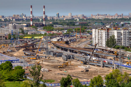 St. Petersburg, Russia - May 30, 2015: Top view of the construction of the viaduct junctions Pulkovo roadway and Dunaisky prospect.のeditorial素材