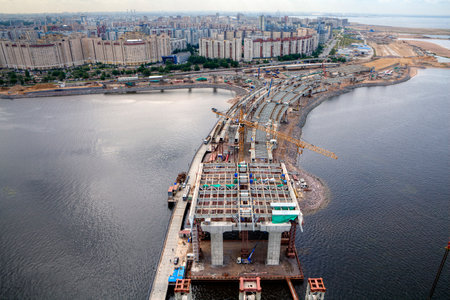 St. Petersburg, Russia - July 16, 2015: Cable-stayed bridge across the river Neva Petrovsky fairway under construction, part of the Western High Speed Diameter.のeditorial素材