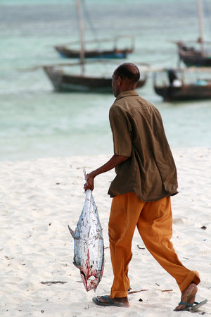 Zanzibar, Tanzania - February 18, 2008: Zanzibar, Tanzania - February 18, 2008: Fisherman gutted fish on the shore and carries to the ocean to rinse.のeditorial素材