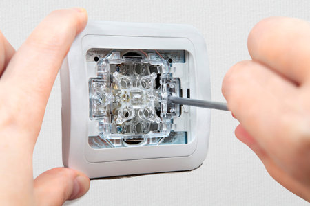 Installing the wall electric switch, close-up.
