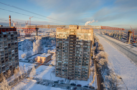 St.Petersburg, Russia - January 23, 2016: Kanonersky island of Saint Petersburg, the construction of the overpass bridge the motorway as part of Western High Speed Diameter.のeditorial素材
