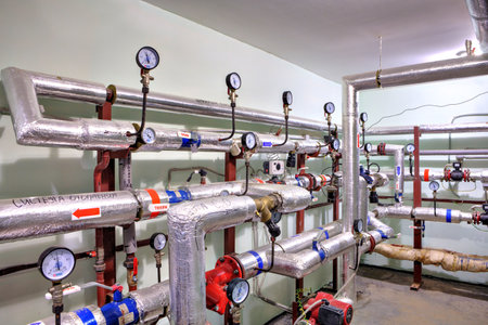 St. Petersburg, Russia - March 5, 2013: Boiler Room in the basement of an apartment house, heating pipes are wrapped with insulation material, the pressure is controlled by manometers.のeditorial素材