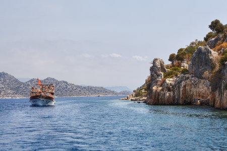 Antalya, Turkey - 28 august, 2014: Excursion Ship with tourists in the Mediterranean Sea.のeditorial素材
