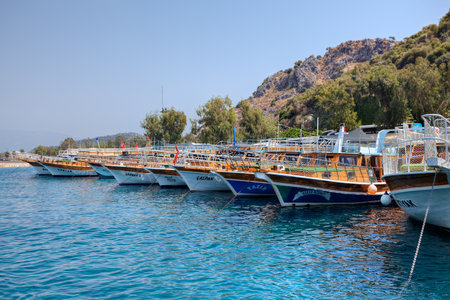 Antalya, Turkey - 28 august, 2014: Many cruise boats moored in the harbor.のeditorial素材
