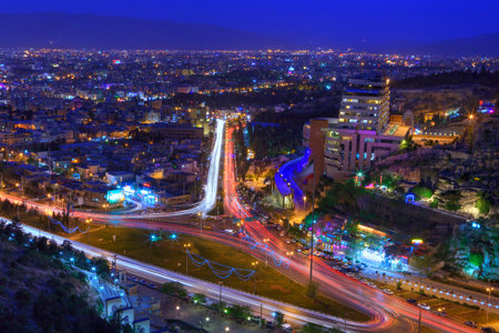 Fars Province, Shiraz, Iran - 18 april, 2017: Top view of the panorama of the city at night and the traffic.のeditorial素材