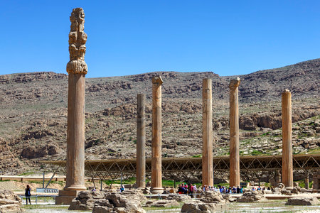 Fars Province, Shiraz, Iran - 20 april, 2017:  Columns of Apadana Palace in ancient persian Persepolis city.のeditorial素材