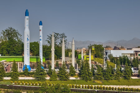 Tehran, Iran - April 28, 2017: Several long range missiles installed in the Garden of the Holy Defense museum of Hamadan.のeditorial素材