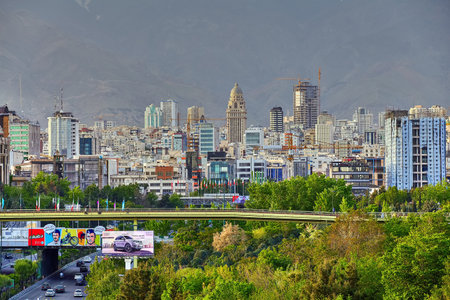 Tehran, Iran - April 28, 2017: Cityscape of northern Tehran with the Bridge of Water and fire or Abo Atash bridge and Alborz Mountains.のeditorial素材