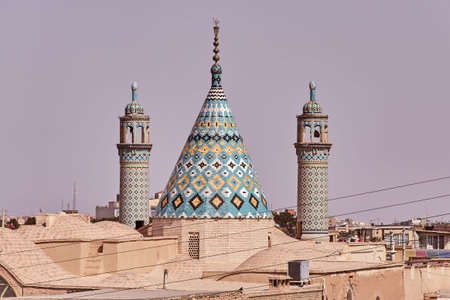 Kashan, Iran - April 26, 2017: Mausoleum of Sultan Amir Ahmad, The conical roof of the mosque and...