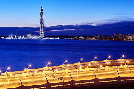 St. Petersburg, Russia - August 22, 2018: Panorama of the night city - view of the Lakhta center skyscraper and the Gulf of Finland.のeditorial素材