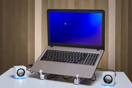 Runned laptop on a cooling stand and two miniature USB speakers with an LED backlight.