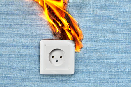 Bad electrical wiring blames in case of fire electric outlet. Faulty wiring causes fires.