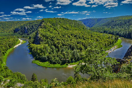 Top view of the natural landscape of the southern Urals in Russia, the Belaya River in the...