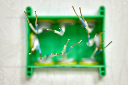 Installation of a household switchboard, photography with shallow depth of field. Electrical...