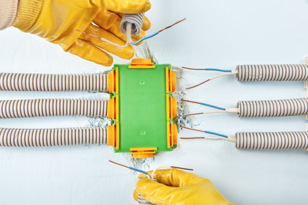 Residential electrical services, Electrician install electrical wire to junction box. Rectangular...