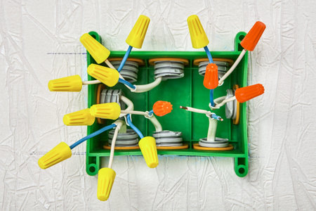 Home wiring junction box, with twist-on connector of wire nut type. Twist-on connectors are also...