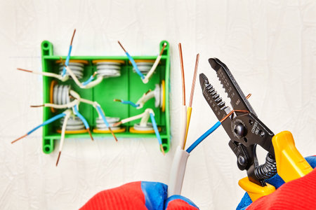 Electrical work, repair of home wiring, an electrician cuts the ends of bare copper wires using a...