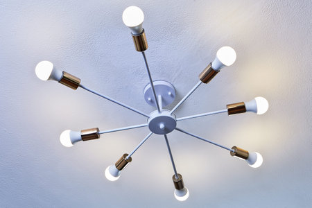 Ceiling light, white painted aluminum chandelier with eight led bulbs. Household lighting fixture...