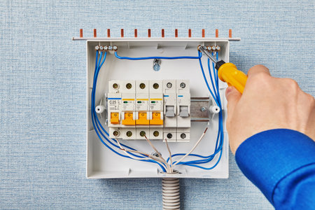 The installer installs an electrical switchgear in the house. Mounting the fuse box inside the...