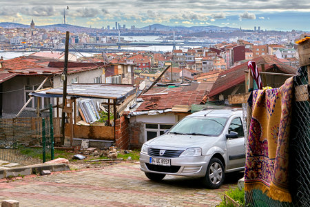Istanbul, Turkey - February 12, 2020: One-story huts on a hill, somewhere between the old town and the Balat district.のeditorial素材