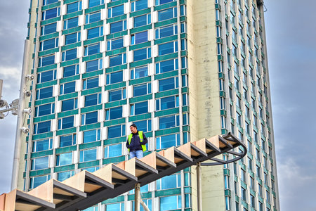 Istanbul, Turkey - February 12, 2020: Installing of the temporary exhibition platform arranged by the Metropolitan Municipality in Taksim Square under the name of The Convergence Stop.のeditorial素材