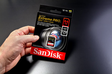 St. Petersburg, Russia - January 9, 2021: SanDisk Extreme PRO 64GB SDXC Memory Card up to 170MB / s,...